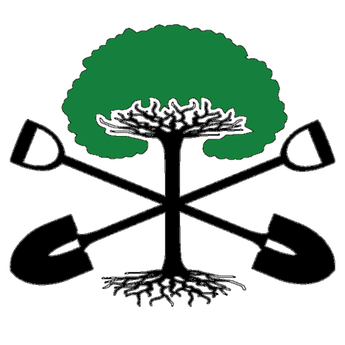 Sweet Yards Landscaping Ltd. Logo with a tree and roots and shovels crossing forming an x.